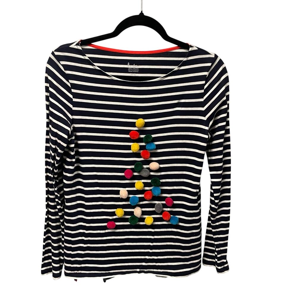 Boden Christmas Breton Stripe Long Sleeve Cotton Tee Pom Pom Tree Womens 4